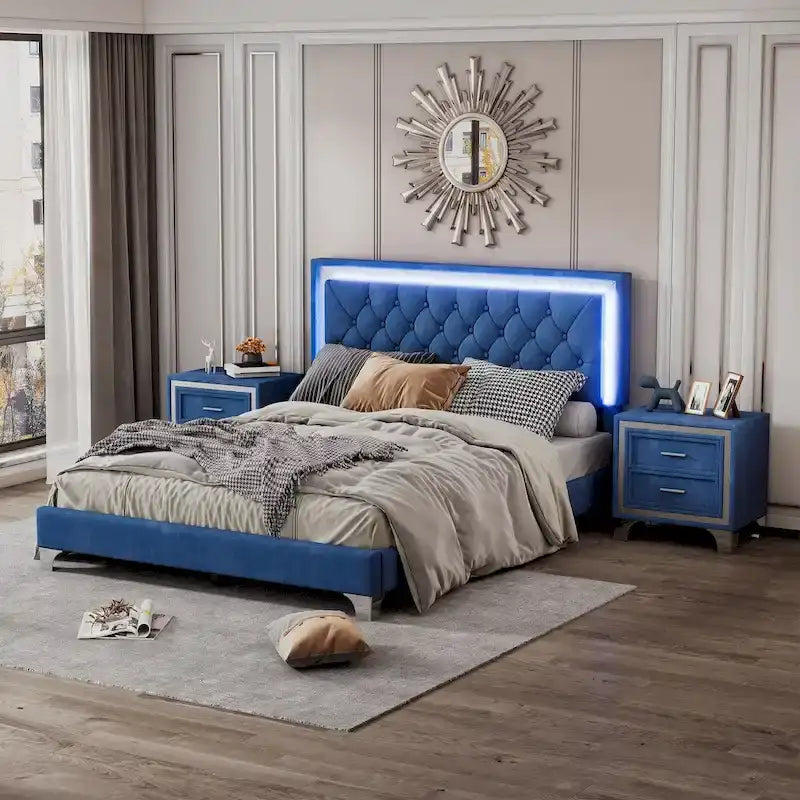 Set camera da letto 3 pezzi con letto a piattaforma imbottito queen size e due comodini