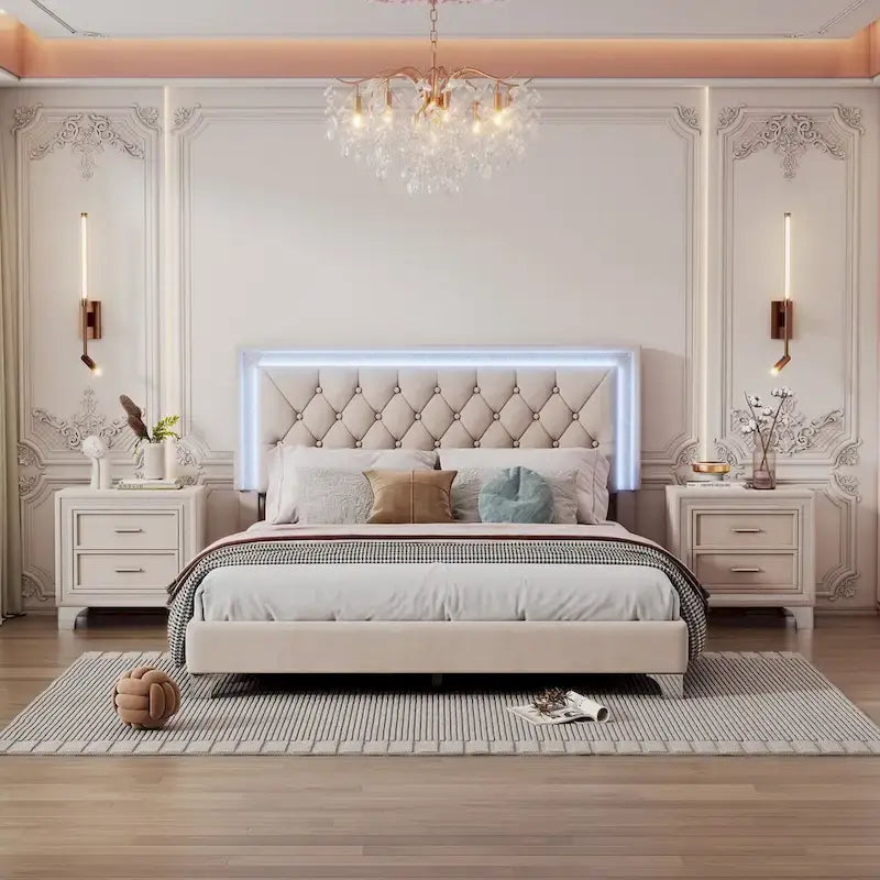 Set camera da letto 3 pezzi con letto a piattaforma imbottito queen size e due comodini