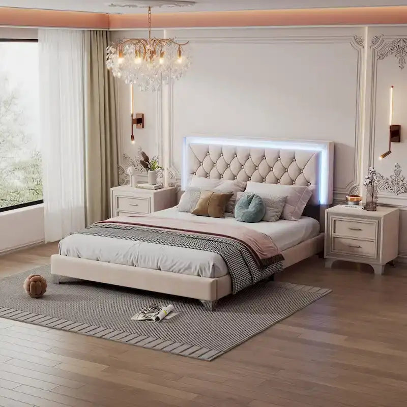Set camera da letto 3 pezzi con letto a piattaforma imbottito queen size e due comodini