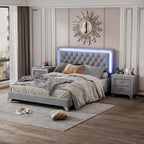 Set camera da letto 3 pezzi con letto a piattaforma imbottito queen size e due comodini
