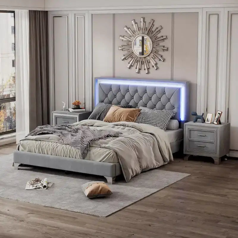 Set camera da letto 3 pezzi con letto a piattaforma imbottito queen size e due comodini