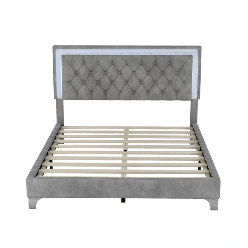 Set camera da letto 3 pezzi con letto a piattaforma imbottito queen size e due comodini