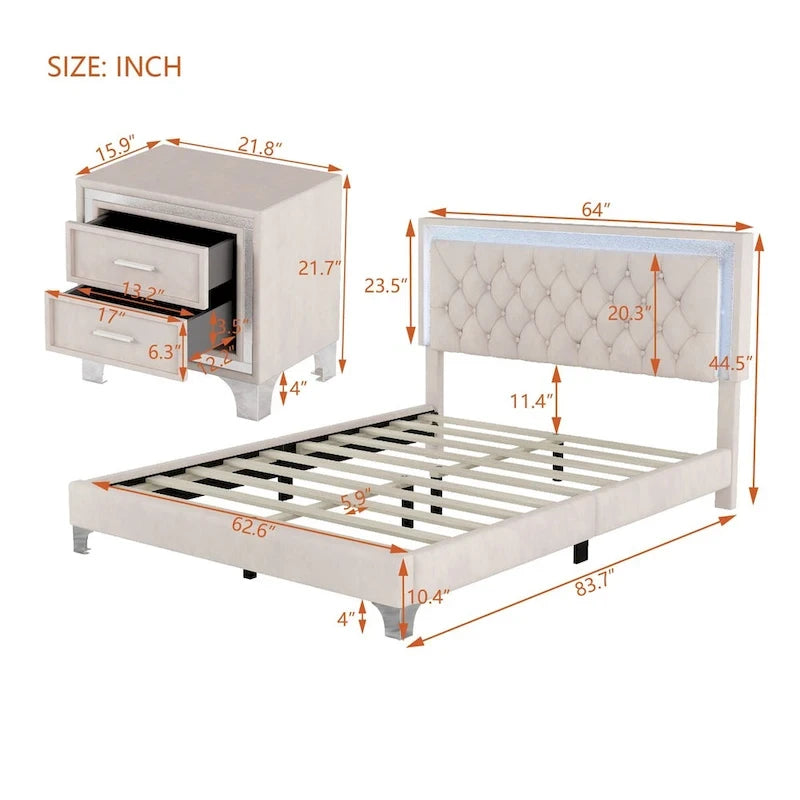 Set camera da letto 3 pezzi con letto a piattaforma imbottito queen size e due comodini
