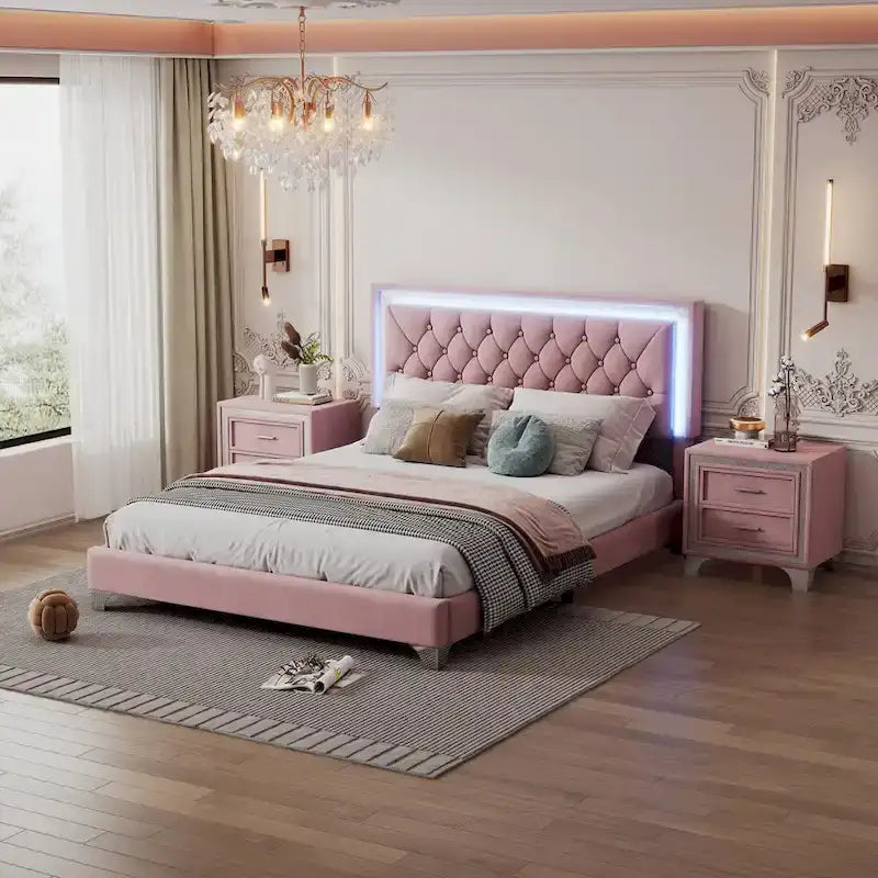 Set camera da letto 3 pezzi con letto a piattaforma imbottito queen size e due comodini