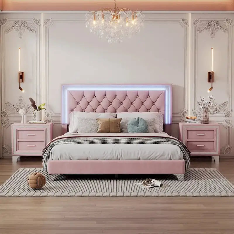 Set camera da letto 3 pezzi con letto a piattaforma imbottito queen size e due comodini