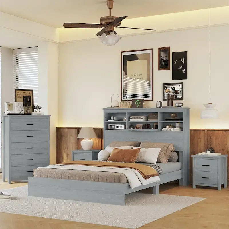 Ensemble de chambre à coucher 4 pièces comprenant un lit en bois de taille queen, 2 tables de chevet et 1 commode