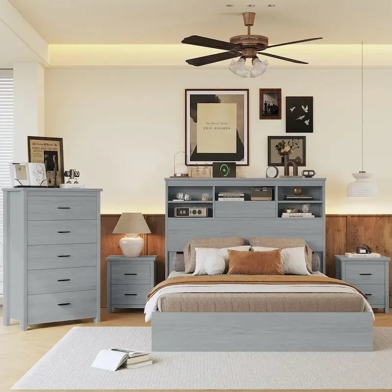 Ensemble de chambre à coucher 4 pièces comprenant un lit en bois de taille queen, 2 tables de chevet et 1 commode