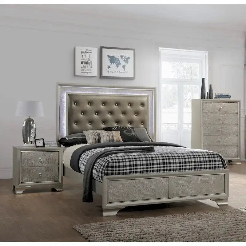 LED Light Faux Leather Upholstered Wooden Bed Chest Nightstand 3pc Set