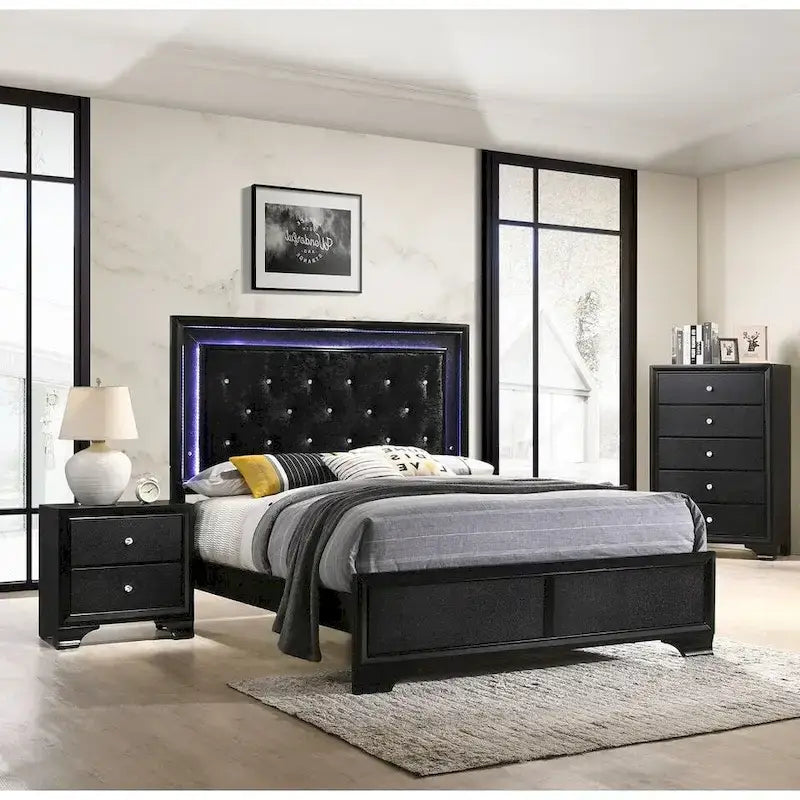 Ensemble de 3 pièces comprenant une commode et une table de chevet en bois recouvert de similicuir avec éclairage LED