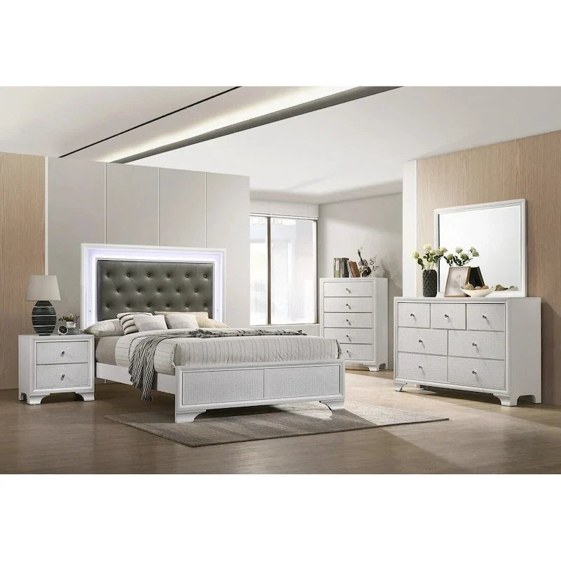 Ensemble de 3 pièces comprenant une commode et une table de chevet en bois recouvert de similicuir avec éclairage LED