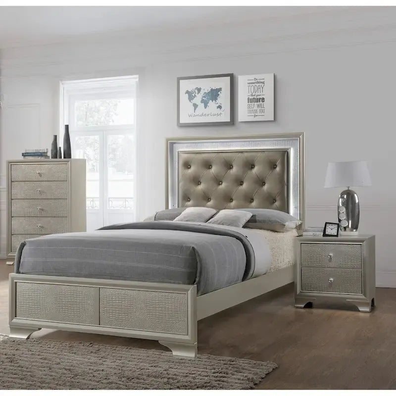 Ensemble de 3 pièces comprenant une commode et une table de chevet en bois recouvert de similicuir avec éclairage LED
