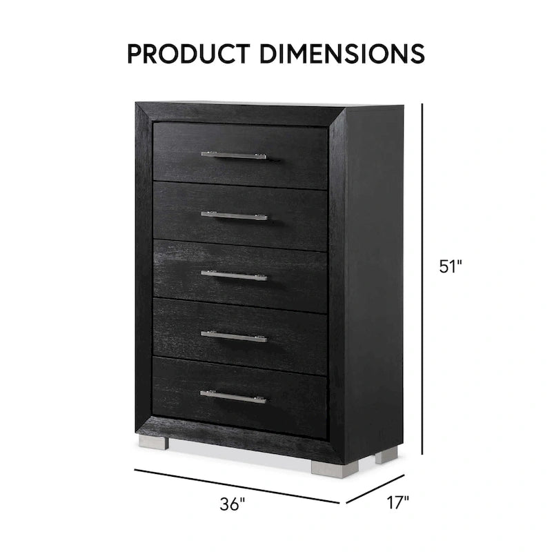Ensemble de chambre à coucher 6 pièces Alaric de Furniture of America, en bois massif noir moderne, avec tiroir inférieur doublé de cèdre