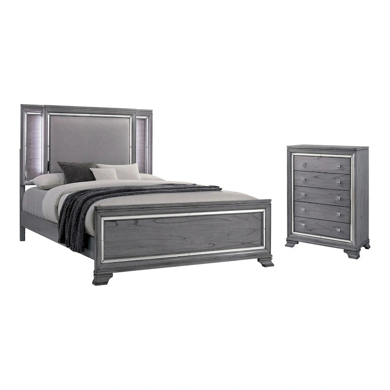 Ensemble lit et commode contemporain gris Taia de Furniture of America, composé de 2 pièces, avec éclairage LED
