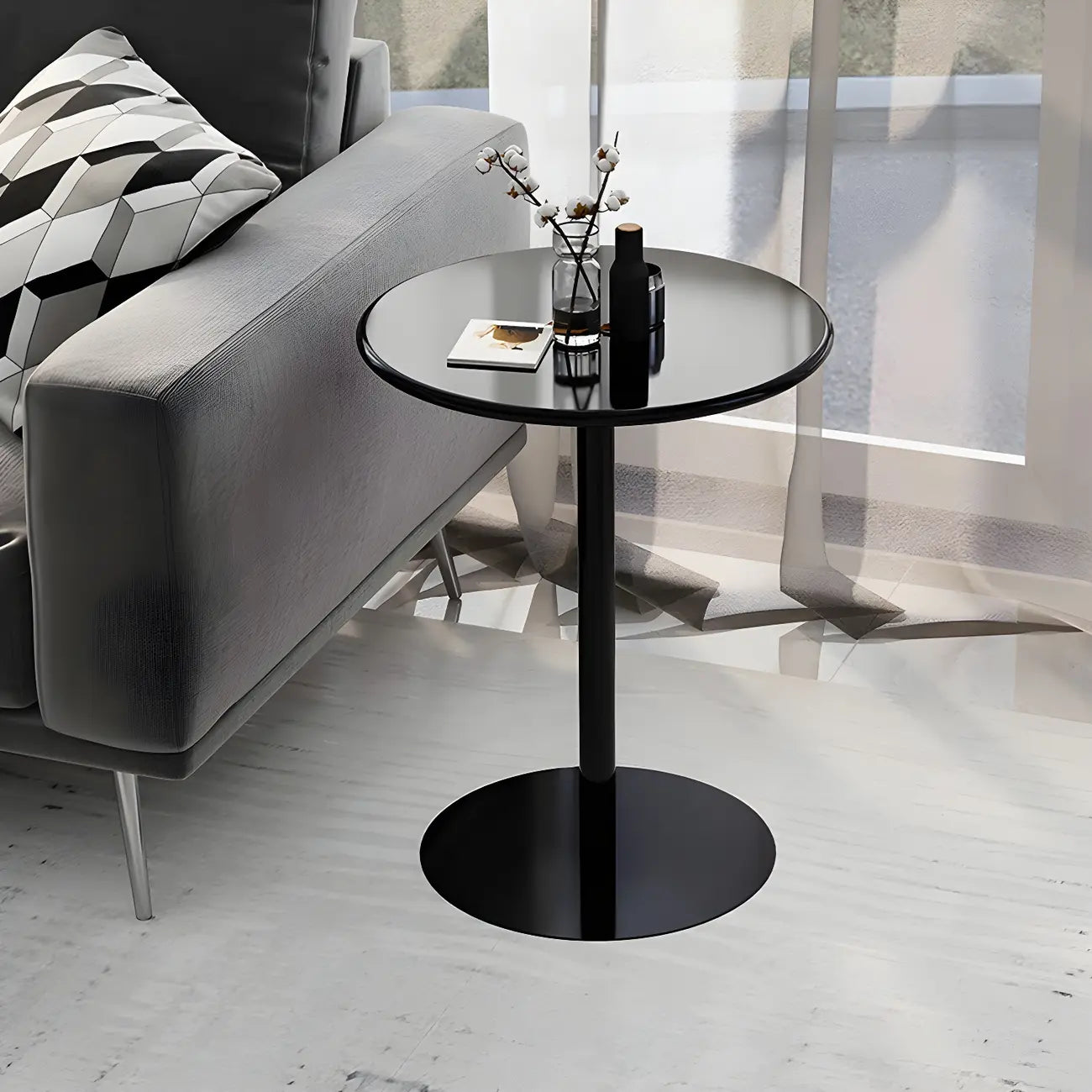Table d'appoint ronde contemporaine sur pied en métal noir