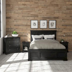 Ensemble lit queen en bois noir Homestyles Bedford 3 pièces, comprenant deux tables de chevet et une commode.