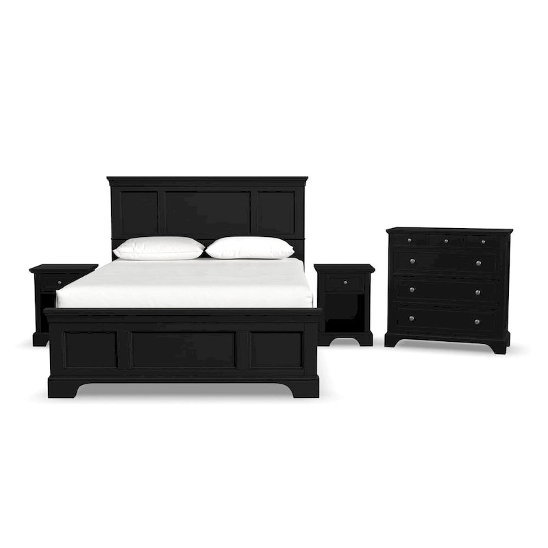 Ensemble lit queen en bois noir Homestyles Bedford 3 pièces, comprenant deux tables de chevet et une commode.