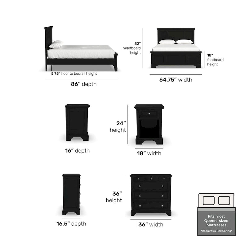 Ensemble lit queen en bois noir Homestyles Bedford 3 pièces, comprenant deux tables de chevet et une commode.