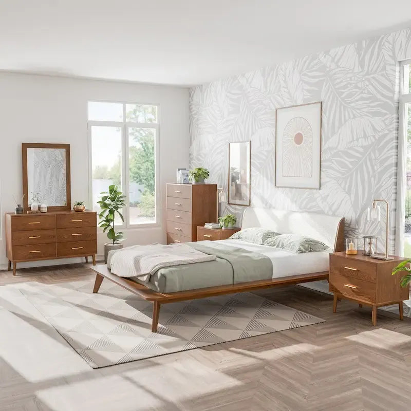 Ensemble de chambre à coucher bas à 6 pièces Beau Midcentury en bouclette, style Queen, de Furniture of America