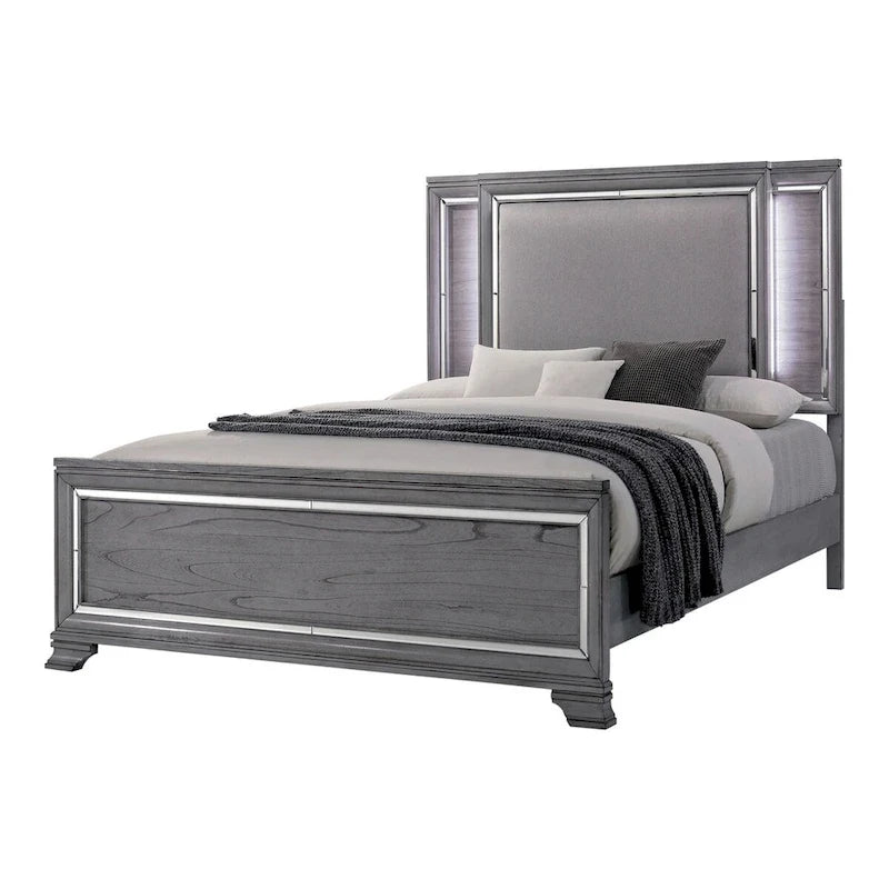 Ensemble lit et table de chevet contemporain gris Taia de Furniture of America, composé de 2 pièces, avec éclairage LED