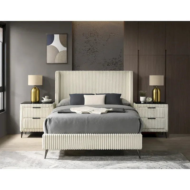 Lit à panneaux rembourrés en velours côtelé à larges côtes Mavela de Roundhill Furniture avec 2 tables de chevet, couleur crème