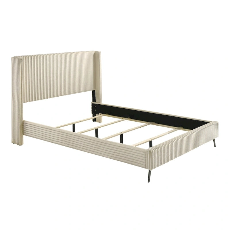 Lit à panneaux rembourrés en velours côtelé à larges côtes Mavela de Roundhill Furniture avec 2 tables de chevet, couleur crème
