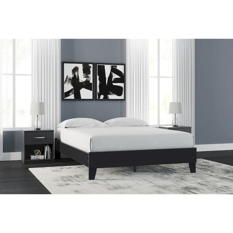 Lit plateforme noir Signature Design by Ashley Finch avec 2 tables de chevet
