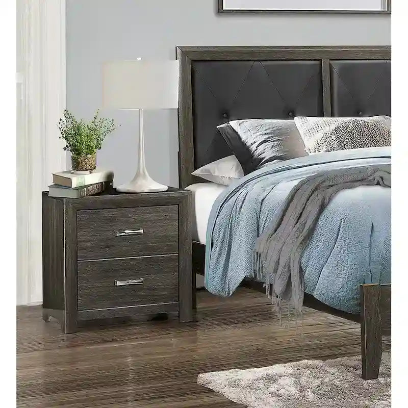 Ensemble de chambre contemporain 3 pièces : lit, table de chevet, commode, finition gris foncé