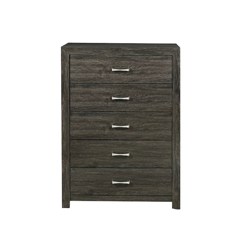 Ensemble de chambre contemporain 3 pièces : lit, table de chevet, commode, finition gris foncé