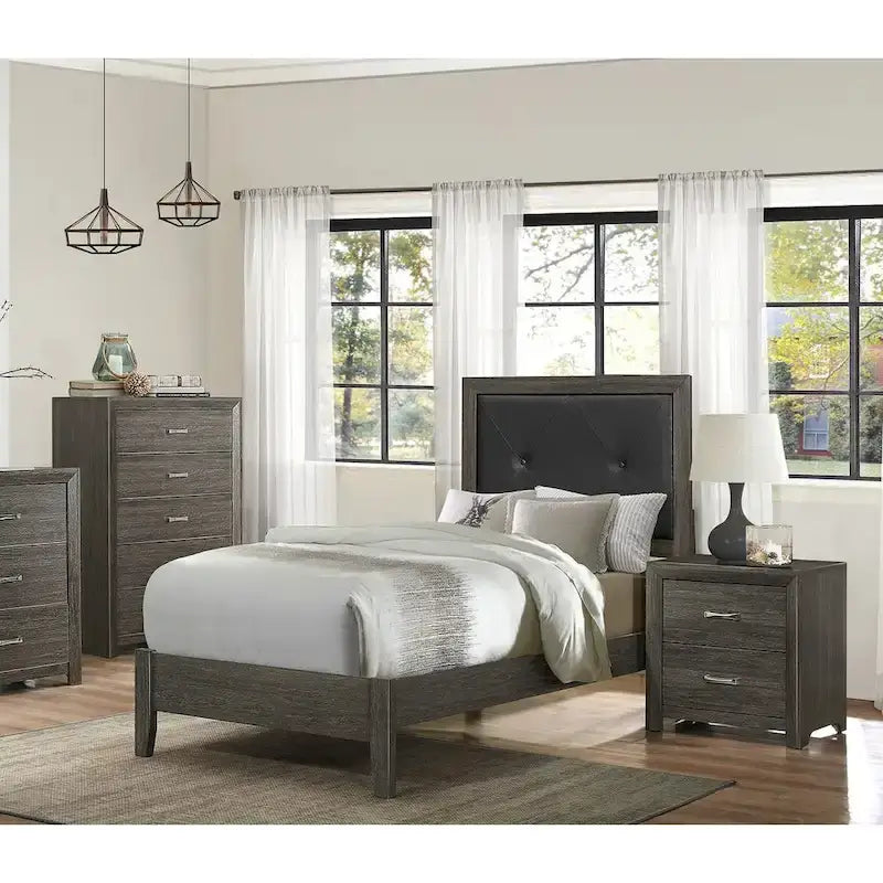 Ensemble de chambre contemporain 3 pièces : lit, table de chevet, commode, finition gris foncé