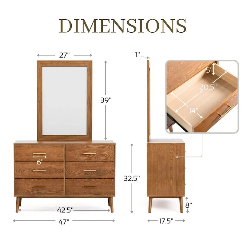 Ensemble de chambre à coucher 6 pièces Beau Midcentury en noyer pour lit queen de Furniture of America