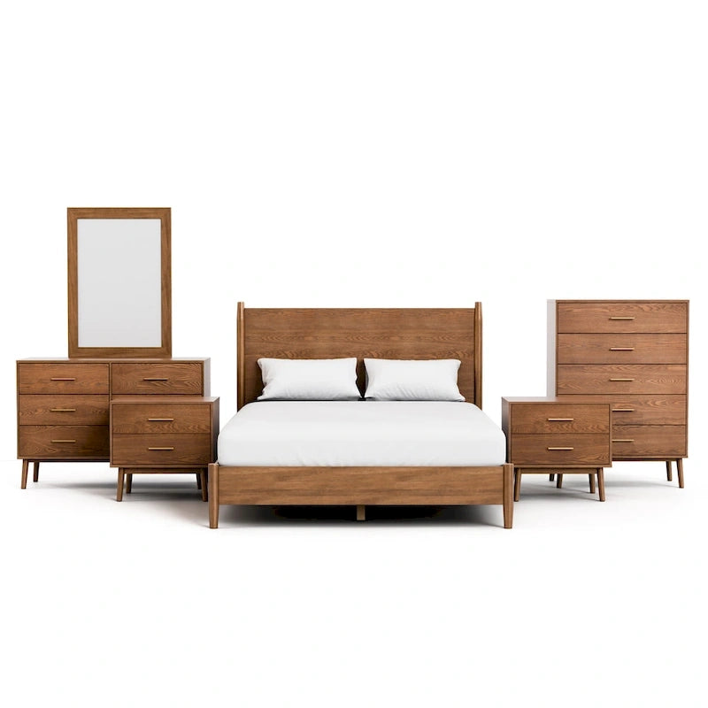 Ensemble de chambre à coucher 6 pièces Beau Midcentury en noyer pour lit queen de Furniture of America