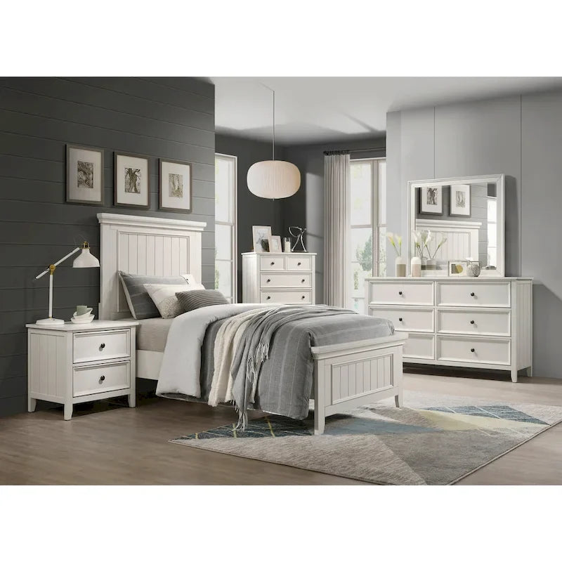 Ensemble de chambre à coucher 4 pièces finition blanche comprenant lit, table de chevet, commode et miroir