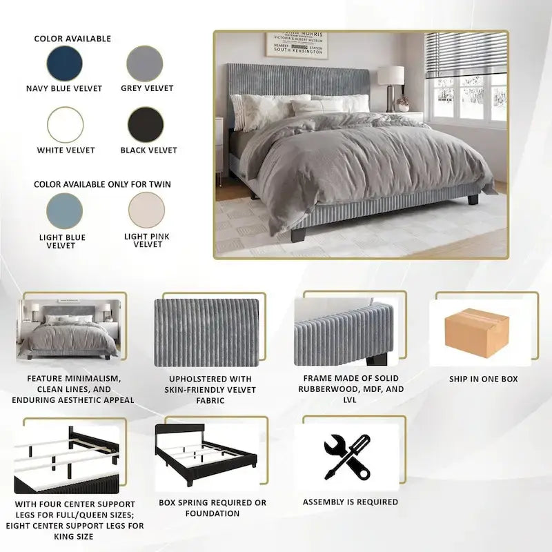 Ensemble de chambre à coucher CraftPorch en velours côtelé noir 4 pièces, style moderne du milieu du siècle, avec meubles marron