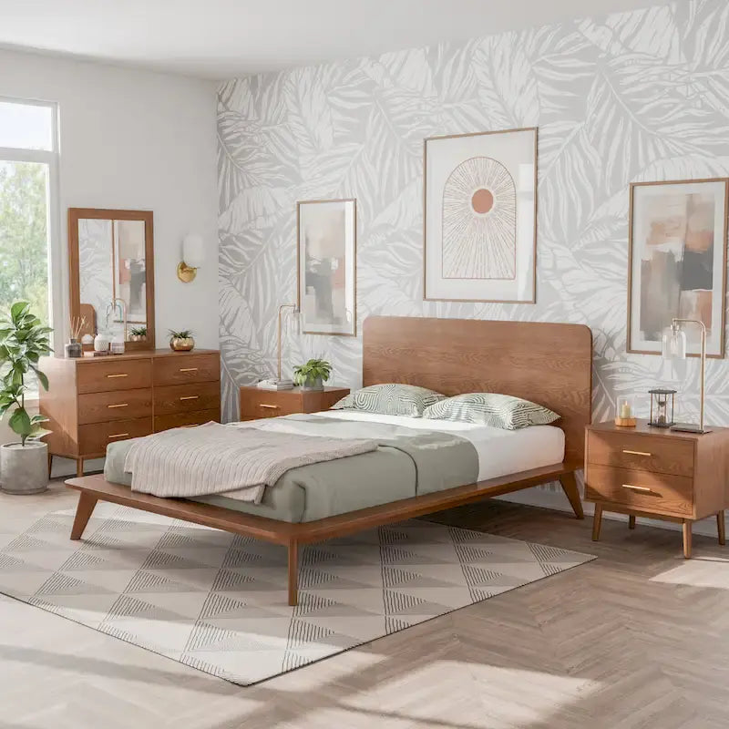 Furniture of America Beau Midcentury 5-Piece Walnut Low Profile Queen Bedroom Set