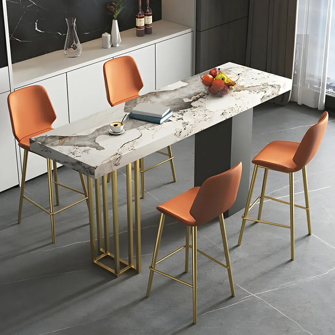 Table de bar rectangulaire moderne en métal et pierre noire, hauteur comptoir