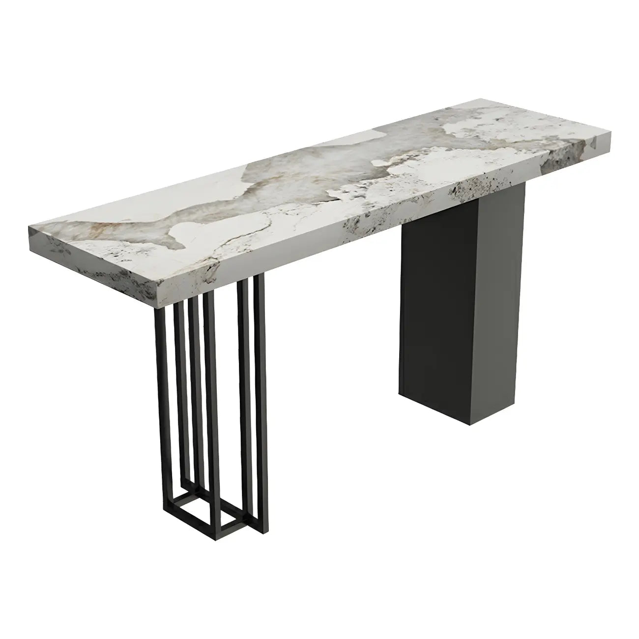 Table de bar rectangulaire moderne en métal et pierre noire, hauteur comptoir