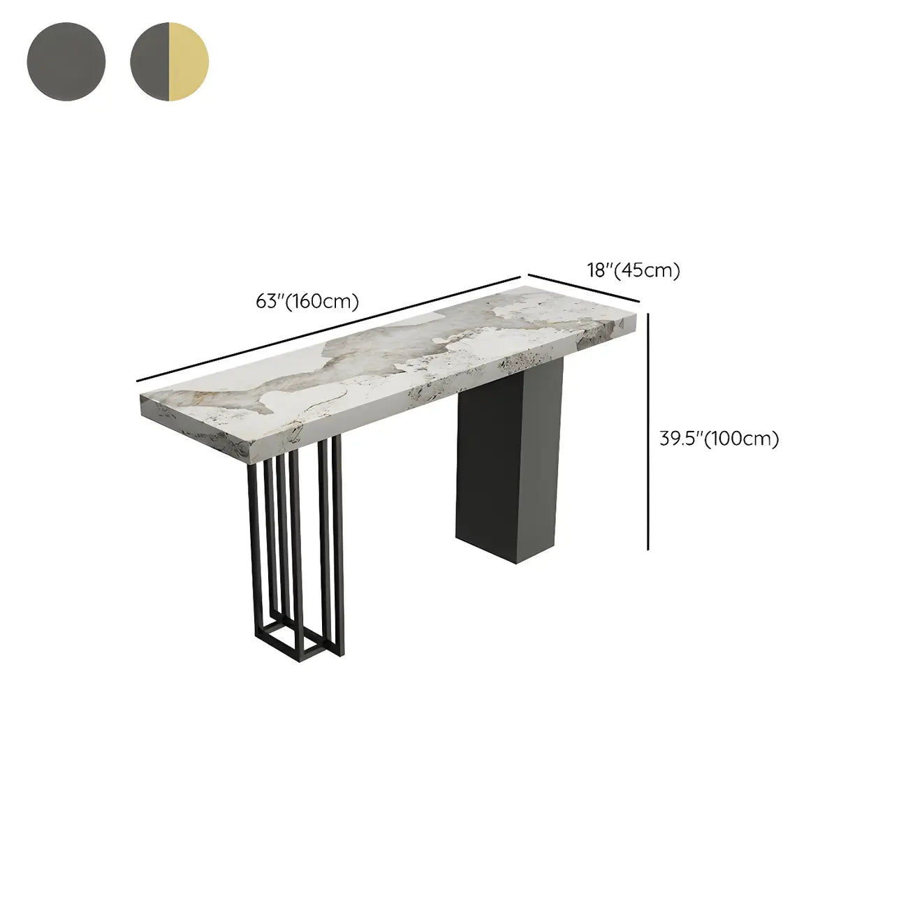 Table de bar rectangulaire moderne en métal et pierre noire, hauteur comptoir