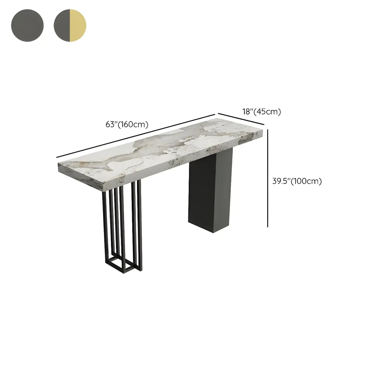 Table de bar rectangulaire moderne en métal et pierre noire, hauteur comptoir