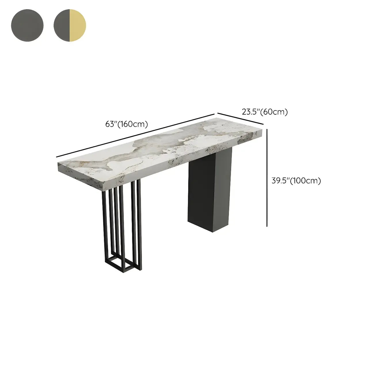 Table de bar rectangulaire moderne en métal et pierre noire, hauteur comptoir