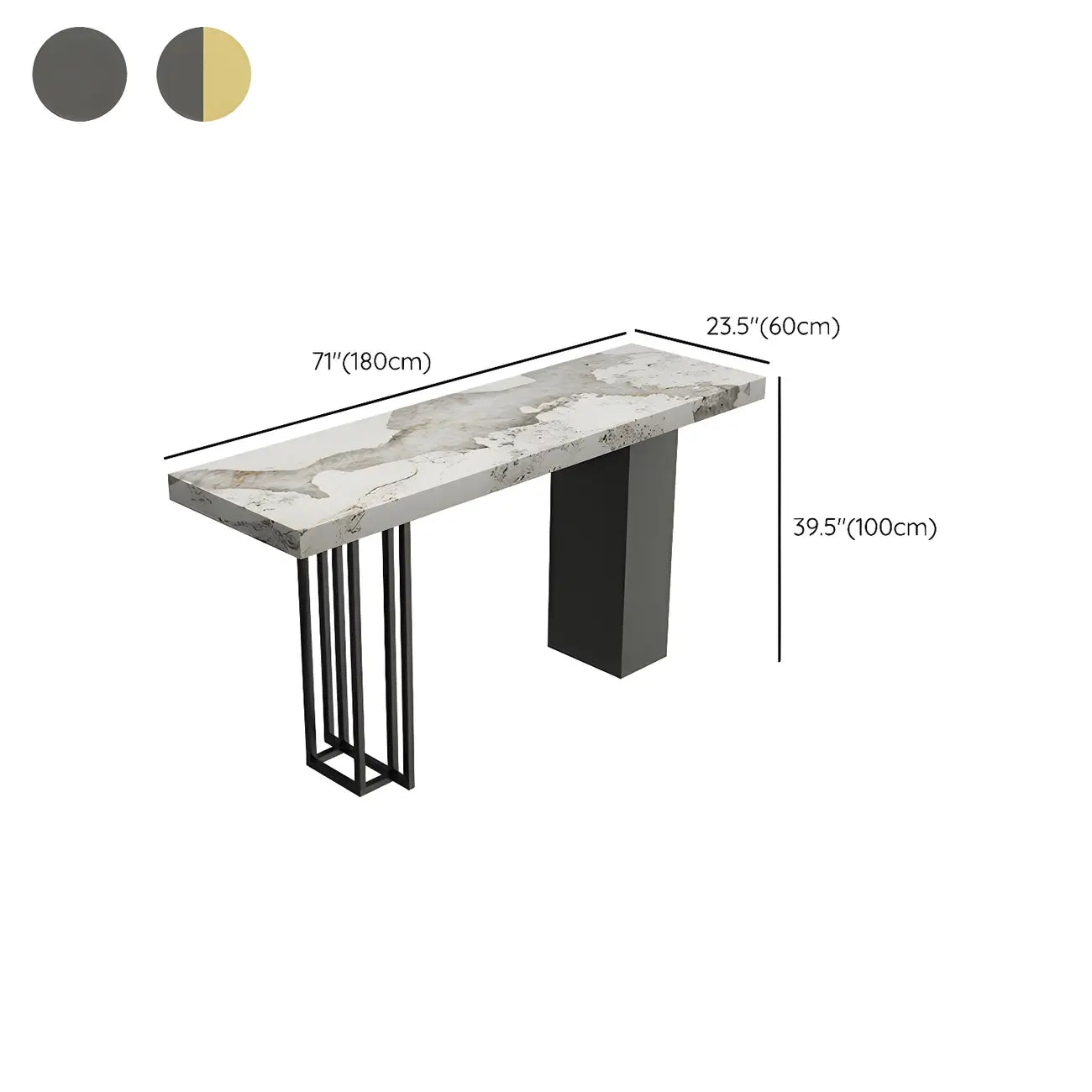 Table de bar rectangulaire moderne en métal et pierre noire, hauteur comptoir