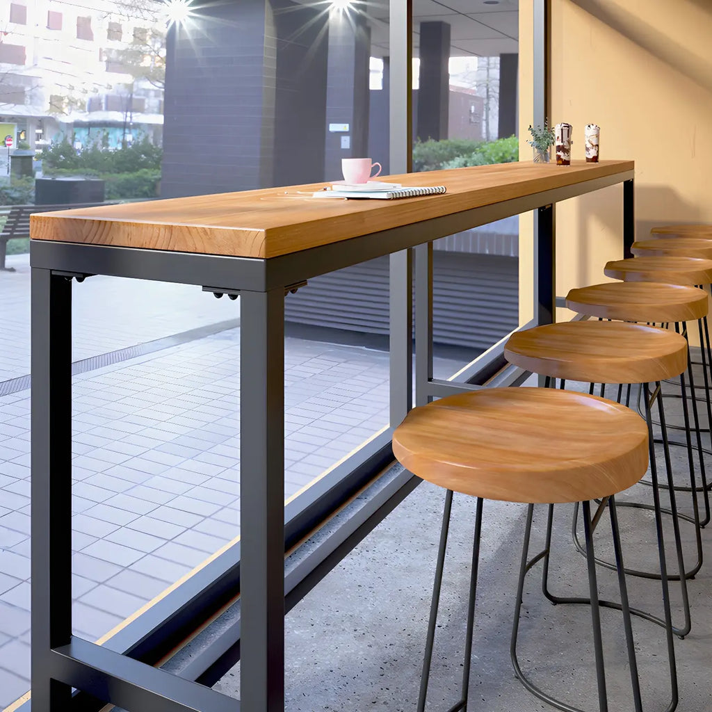 Table de bar moderne en bois brun et fer avec piètement à tréteaux