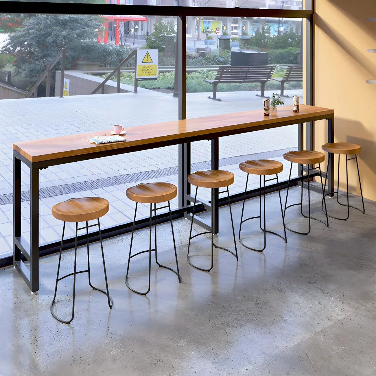 Table de bar moderne en bois brun et fer avec piètement à tréteaux