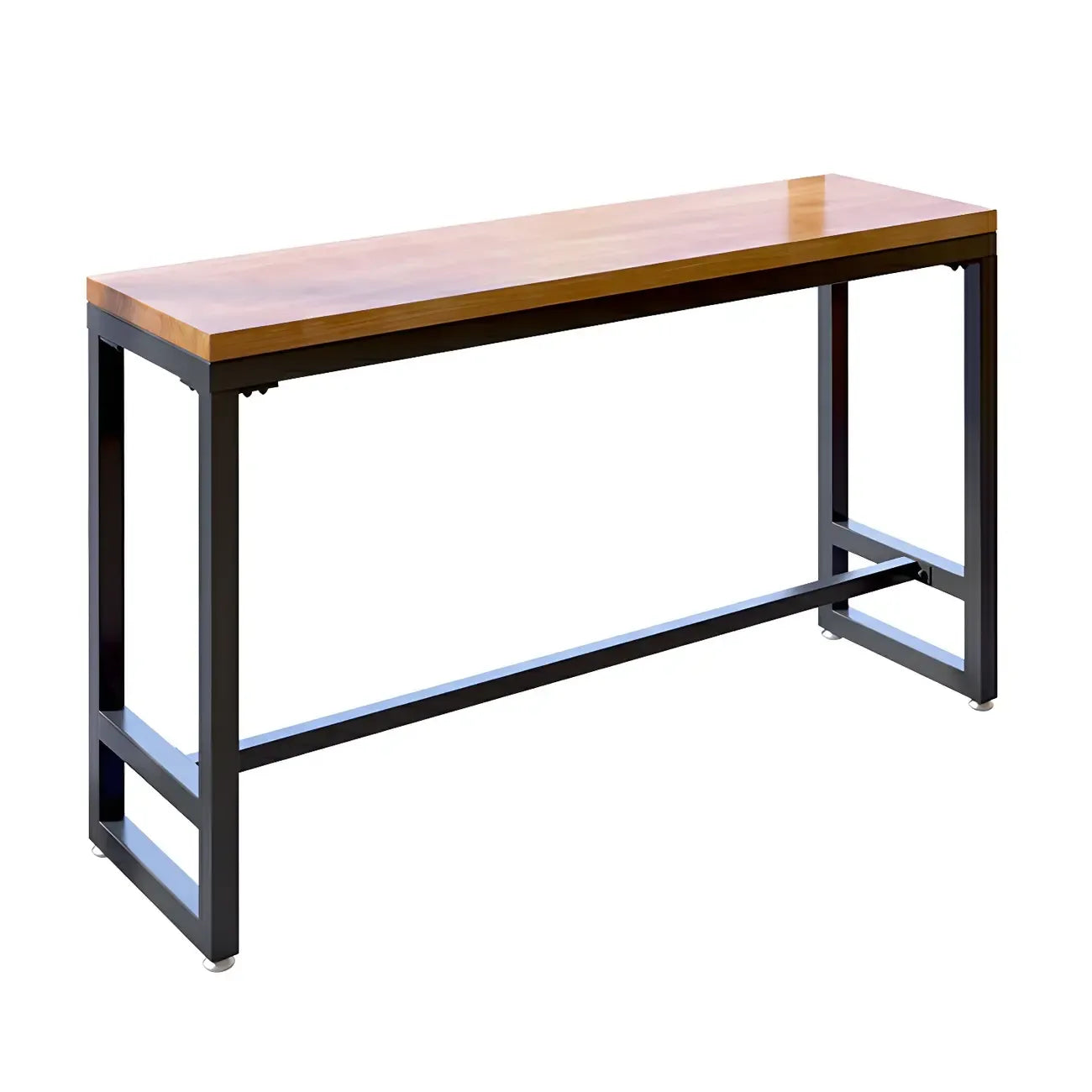 Table de bar moderne en bois brun et fer avec piètement à tréteaux
