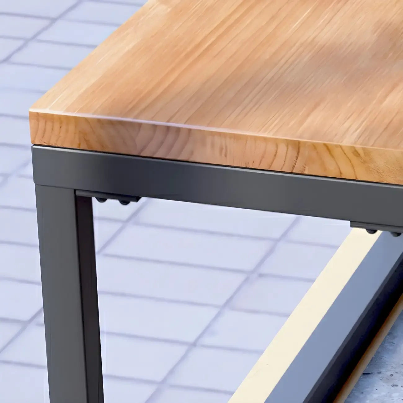Table de bar moderne en bois brun et fer avec piètement à tréteaux