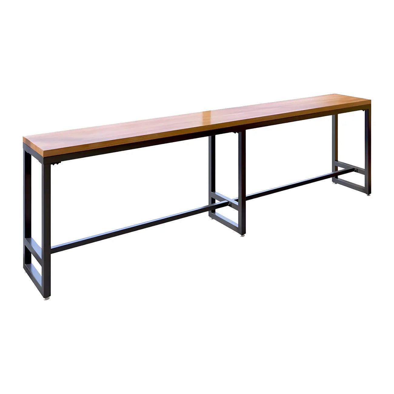 Table de bar moderne en bois brun et fer avec piètement à tréteaux