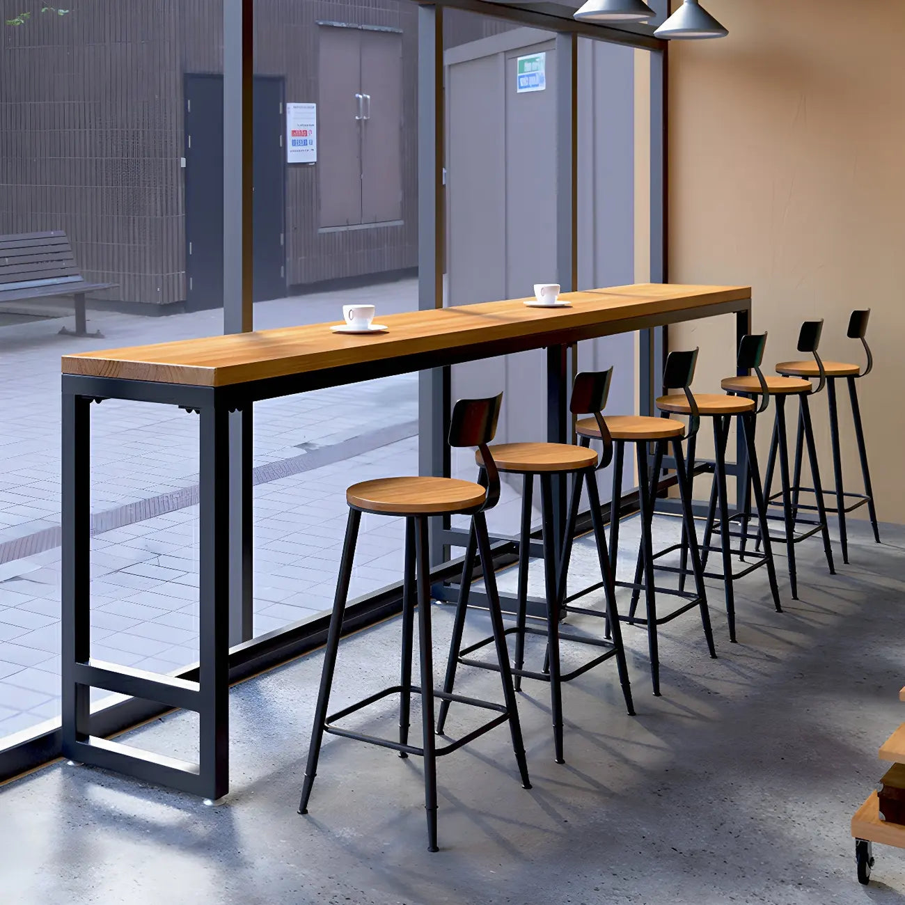 Table de bar moderne en bois brun et fer avec piètement à tréteaux