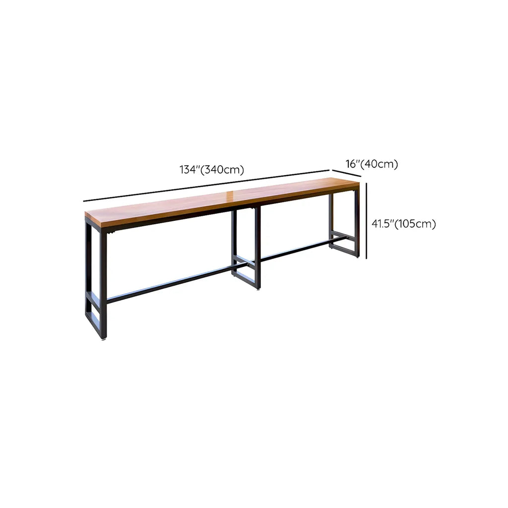 Table de bar moderne en bois brun et fer avec piètement à tréteaux
