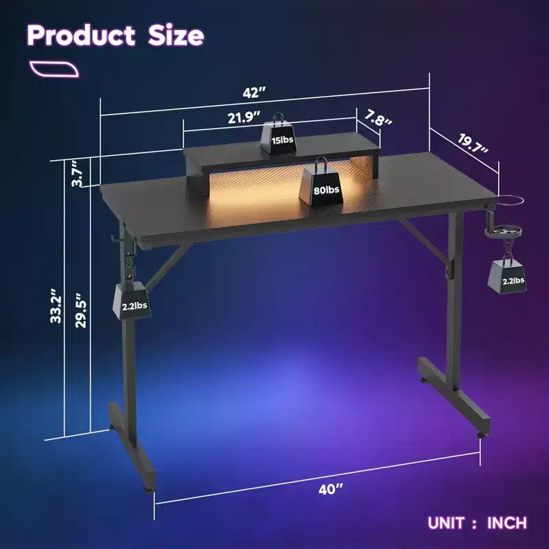 Bestier Bureau de Gamer 42 Petit Bureau d'Ordinateur pour Bureau à Domicile avec Lumières LED et Support de Moniteur