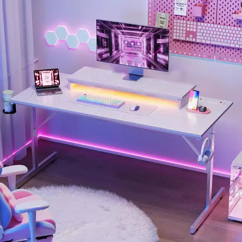 Bestier Bureau de Gamer 42 Petit Bureau d'Ordinateur pour Bureau à Domicile avec Lumières LED et Support de Moniteur