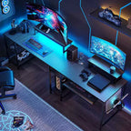 Bestier Bureau de Jeu en L de 60 Pouces avec Supports d'Écran et Plateau de Clavier, Longue Table pour 2 Personnes avec Étagères, Poste de Travail d'Angle RVB pour PC Gamer